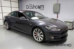 photo of a BlackVue DR650S-2CH front and rear facing dashcam installed in a Tesla Model S