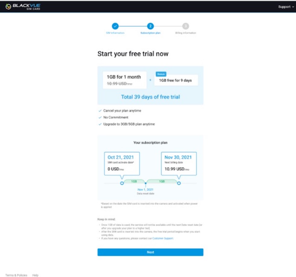 BlackVue Free Trail Information Screen