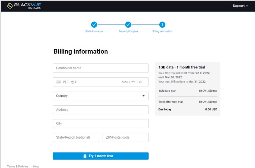 BlackVue LTE Billing Information Screen